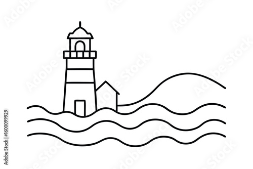 Outline Of A Lighthouse By The Sea With Waves And Sky