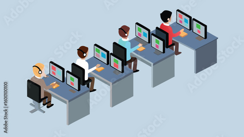 Isometric view of call center employees working at desks with computers and headsets on light blue background