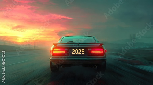 Retro car on highway at sunset
