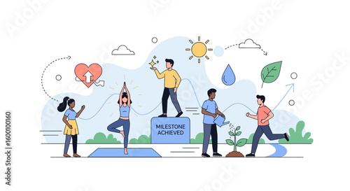 Diverse people achieving goals through wellness and growth, celebrating success and healthy living.