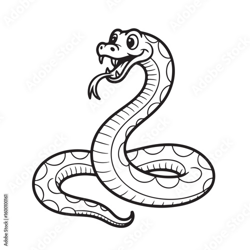 Playful Snake Cartoon Illustration with Tongue Out, Ideal for Children's Books and Educational Materials, Black and White Outline