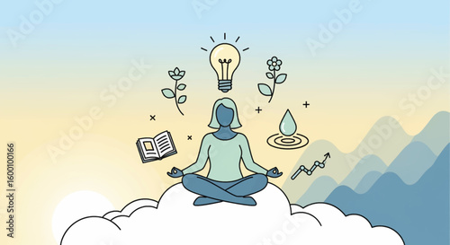 Woman meditating on clouds with symbols of growth, ideas, knowledge, and water