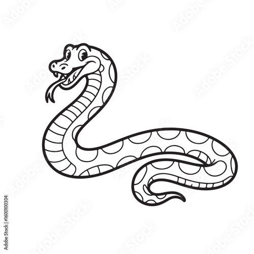 Cartoon Snake with Protruding Tongue Curled Upward Black and White Line Art Reptile Vector Image Serpentine Creature Design Illustration