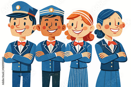 set of airline staff including pilot, stewardess, steward, and flight attendants vector. Male and female crew members in aviation uniforms. Isolated on white background
