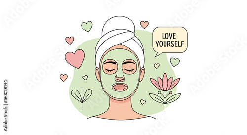 Woman enjoying spa facial mask with hearts and flower, promoting self-care and love