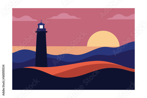 Minimalist Lighthouse Coastal Scene At Sunset Landscape