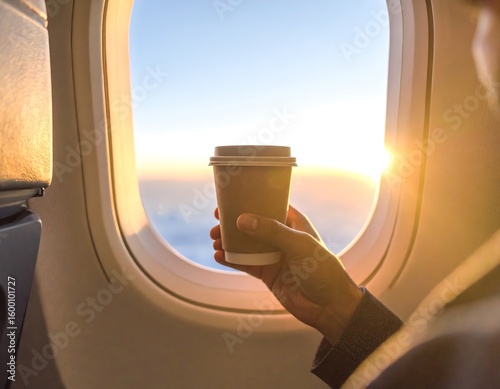 A relaxed traveler sipping coffee while looking at sky through airplane window