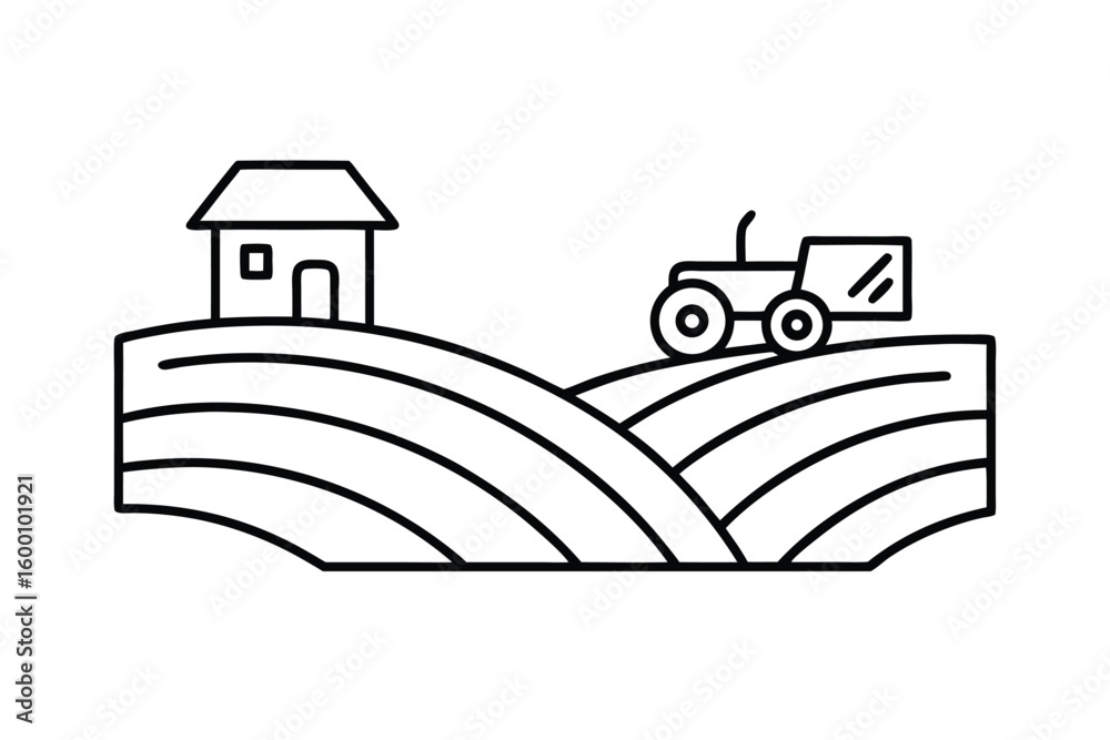 Obraz premium Minimal Line Drawing Of A Farm Landscape With Tractor