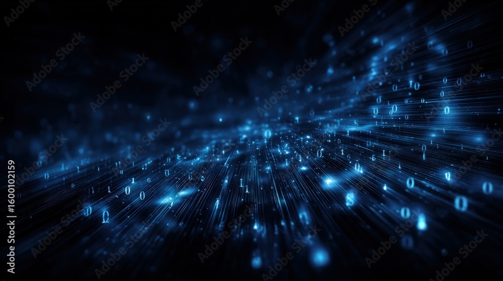 Obraz premium Dynamic Digital Data Stream Abstract with Binary Numbers for Technology and Cybersecurity Concepts in Dark Blue Background