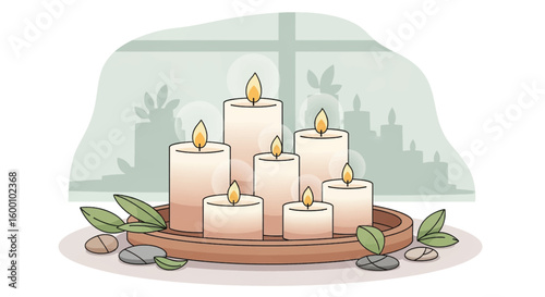 Group of lit candles on a tray with stones and leaves creating a serene spa atmosphere