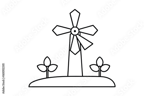 Line Illustration Of A Small Windmill With Spinning Blades
