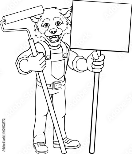 A wolf painter decorator handyman cartoon construction man mascot character holding a paint roller tool