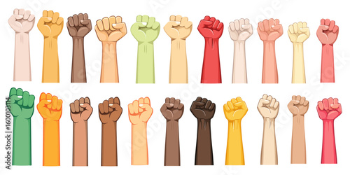 Group of fists raised in the air in a protest, isolated on white background. Vector illustration. 