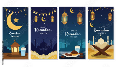 Festive Ramadan Kareem Night Illustration with Moon, Star, Lantern, and Drink