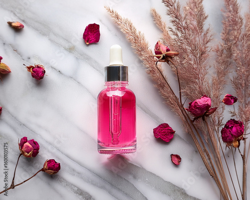 Relaxing spa still life with pink rose, essential oil, and nail polish for beauty and wellness care