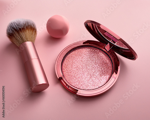 Pink cosmetic brushes with compact powder for beauty and fashion makeup