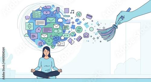 Woman meditating as thoughts are swept away, representing mental clarity and calm