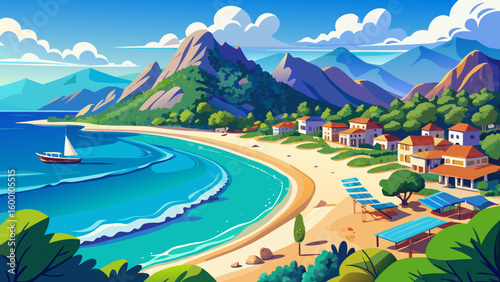 Beautiful panoramic view of sea and beach Cirali, Kemer, Antalya, Turkey. Mountains and blue sky with clouds on sunny day.