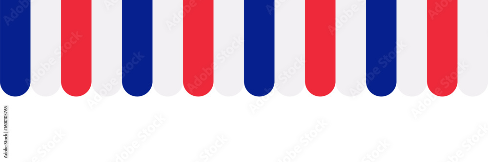 Fototapeta premium Seamless awning tent header in french style. Red, blue and white striped shop awning. Market canopy tent. Sun shade roof. Cafe awning. Shop striped canopy. Kiosk window border. 