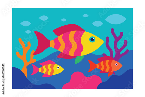 Colorful Fish Swimming Among Coral Flat Shapes