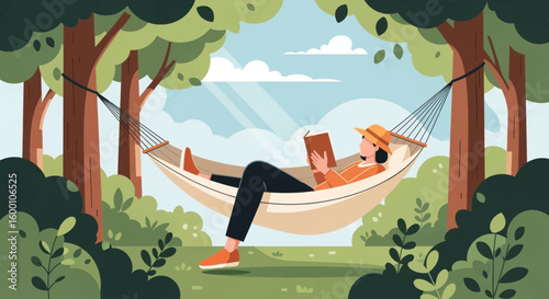 Person relaxing in hammock reading book under the sun in a tranquil park setting