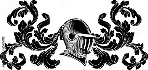 Coat of arms crest knight family medieval shield heraldry heraldic armorial motif. Featuring a knights helm helmet in a vintage etching engraving woodcut style