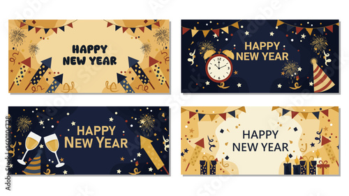 Four Cheerful  Happy New Year Banner Illustrations with Varied Festive Designs