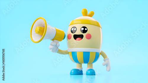 Cute cartoon character with a megaphone announcing something important with a cheerful expression against a blue background
