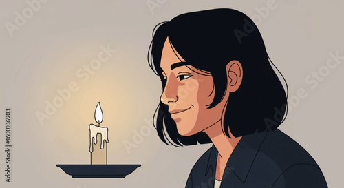 Person gazing at candle flame, symbolizing hope, peace, and reflection, with warm light.