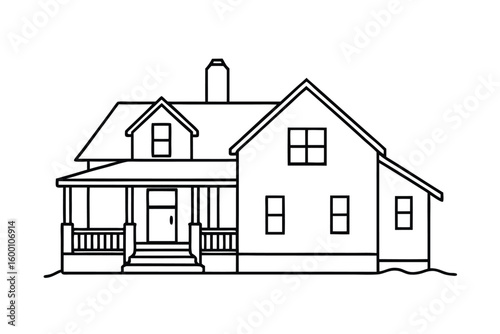 Clean Line Drawing Of A Farmhouse With Front Steps And Porch