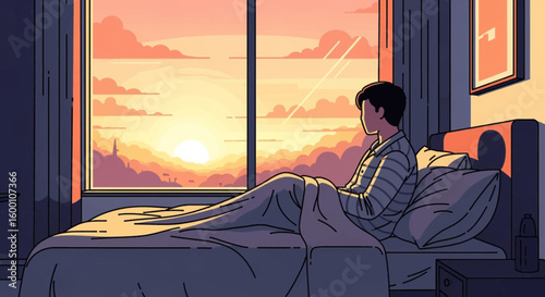 Person sitting on bed looking out the window at sunrise, contemplating the day ahead