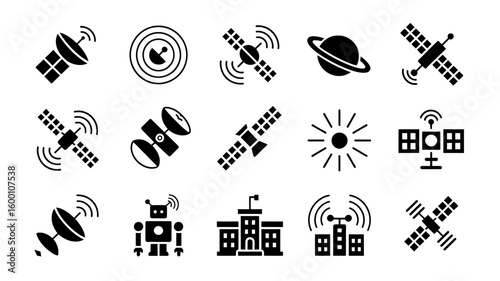 A grid of black and white icons representing satellites, planets, sun, buildings, and a robot, suggesting space exploration and technology.