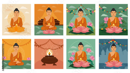Eight Detailed Happy Buddha Purnima Illustrations with Meditation and Symbolic Settings