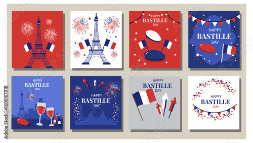 Eight Square Happy Bastille Day  Illustrations with Eiffel Tower, Flags, and Fireworks