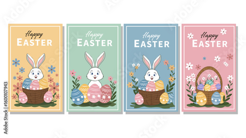 Four Adorable  Happy Easter Illustrations with Bunnies, Baskets of Eggs, and Spring Blooms