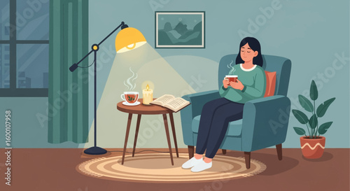 Woman enjoying tea and reading in cozy living room setting at night