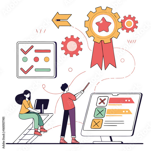  Business Gamification Strategy Design – Flat Vector Illustration of Reward System Planning
 Adobe Illustrator Artwork