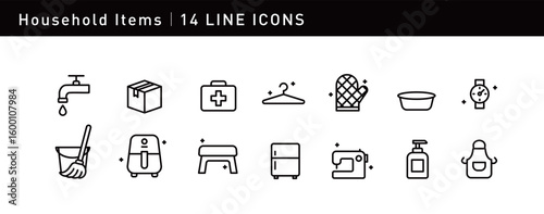 14 elegant icons showcase daily essentials, including faucet, first aid kit, fridge, and apron, capturing the convenience and practicality of everyday life.