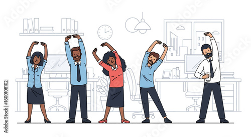 Office workers stretching and exercising in a workspace, promoting wellness and health