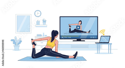 Woman following online yoga tutorial at home, exercising and staying fit using technology