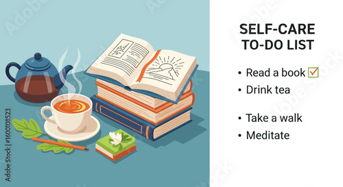 Self-care to-do list with tea, books, and a tranquil setting for relaxation and wellness.