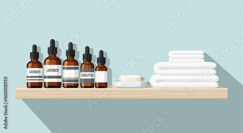 Spa essentials on wooden shelf, including essential oils, soap, and fluffy white towels