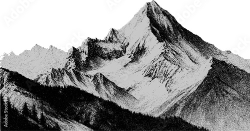 Mountain peaks and rocky landscape in monochrome stipple style. Detailed alpine scene in vector illustration.