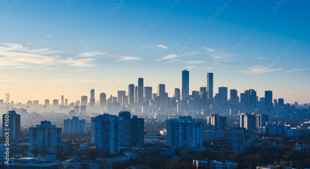 Fototapeta premium Cityscape Panorama at Dawn - Urban skyline, modern architecture, sunrise glow, hazy atmosphere, city development. Represents progress, ambition, community, and potential