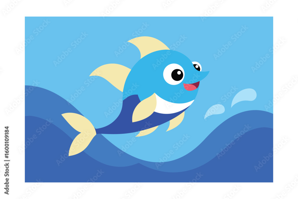 Fototapeta premium Cartoon Fish Jumping Out Of Water Blue Waves Bright Colors