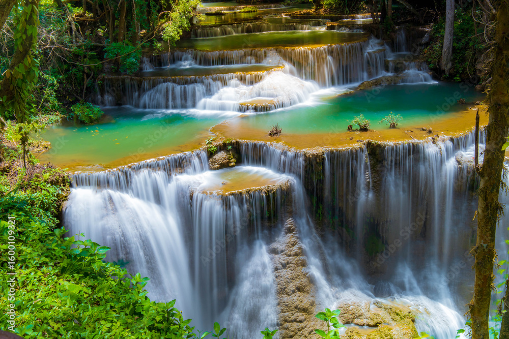 Fototapeta premium A gorgeous waterfall captured in long exposure, Huay Mae Khamin Waterfall, national park, Thailand.