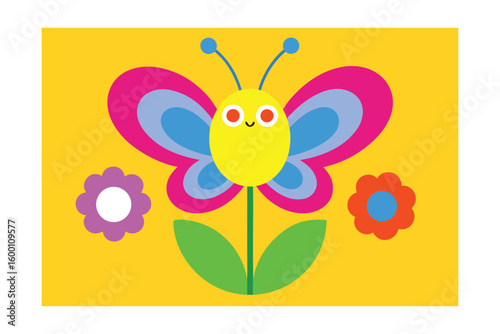 Cartoon Butterfly With Rainbow Wings Hovering Over Flowers