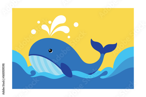 Cartoon Blue Whale Spouting Water Playful Waves