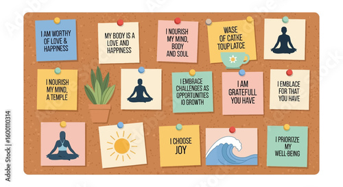 Motivational messages and affirmations pinned on a corkboard, promoting well-being and positivity.