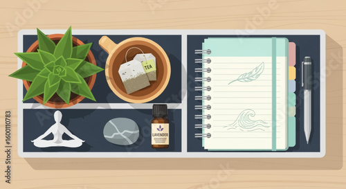 Relaxation and mindfulness desk setup with tea, journal, essential oil, and succulent